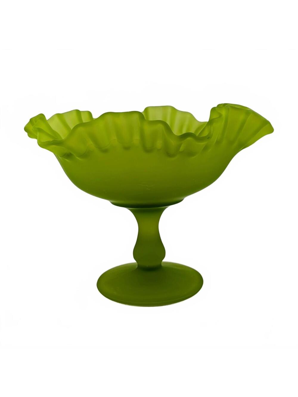 Vtg Westmoreland Glass Lime Green Satin Ruffle Pedestal Compote
